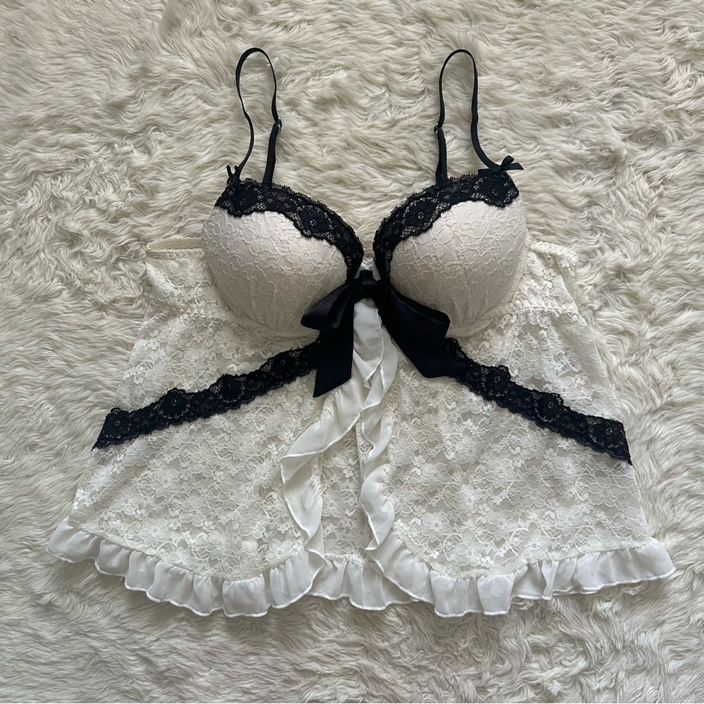 Linea Donatella Babydoll Chemise Lingerie Sleepwear Top Sheer Lace White Sz L